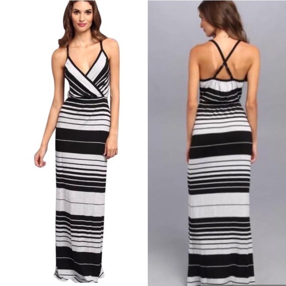 Michael Stars Delaney Surplice Casual Striped Maxi Dress Black Grey L